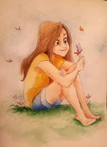 dessin aquarelle femme souriante jardin fleur