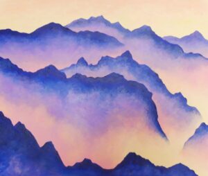 toile paysage soleil couchant montagnes acrylique peinture