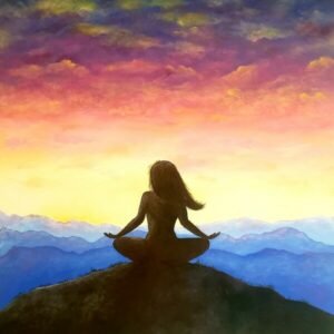 peinture paysage serein montagne femme meditation