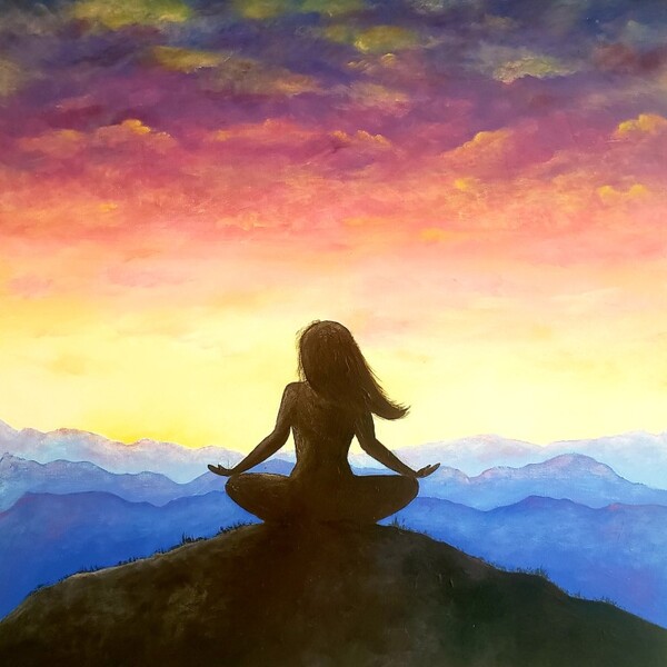 peinture paysage serein montagne femme meditation